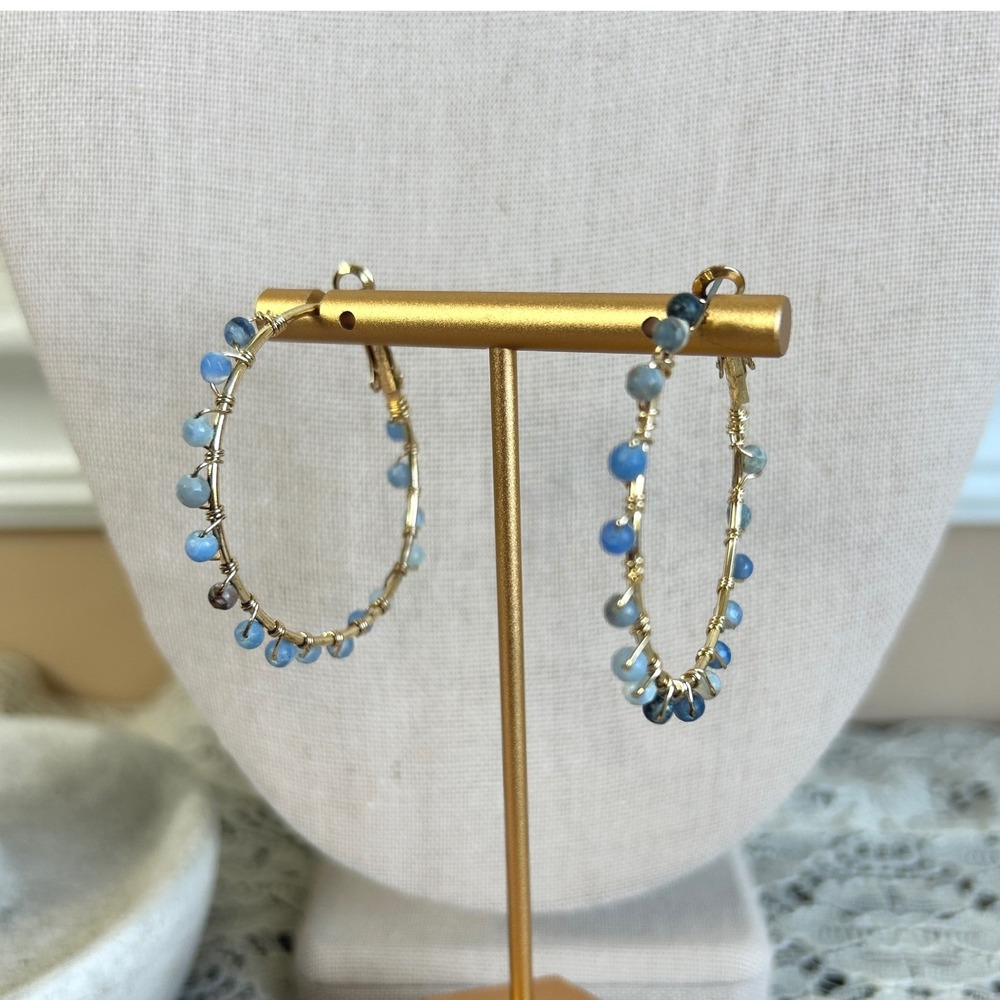 Gold Tone Wire Wrapped Light Blue Beaded Hoop Earrings 1.5 Inch Boho Handmade